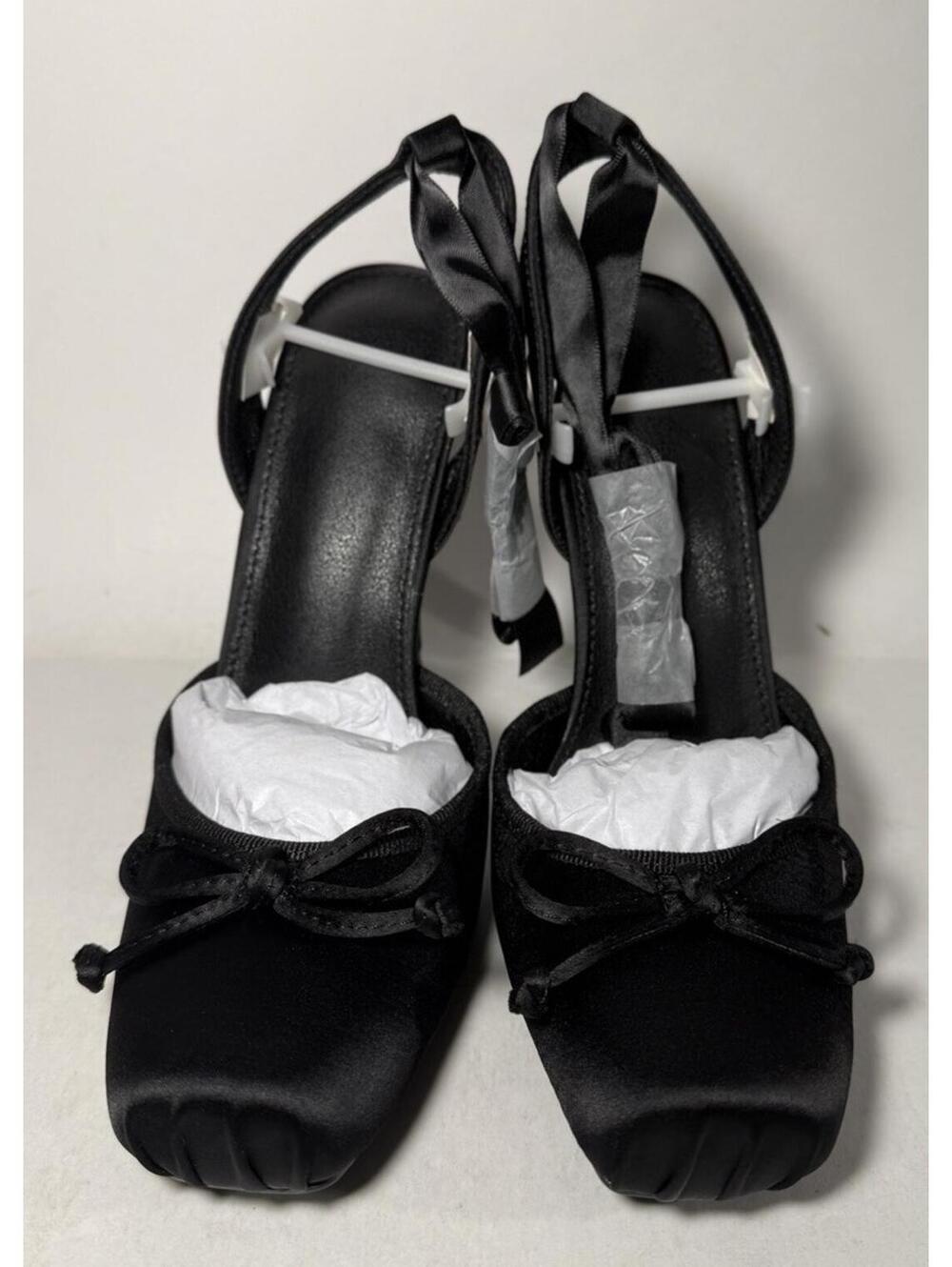 New Square Toes Silk Satin Bow High Heels Ballet Black
